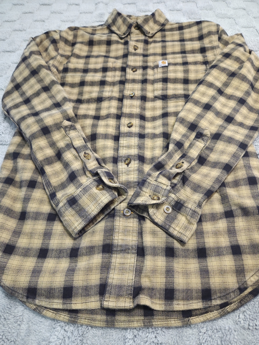 Carhartt Men’s Tan and Black Plaid Button-Down Flannel Size S - Picture 7 of 8